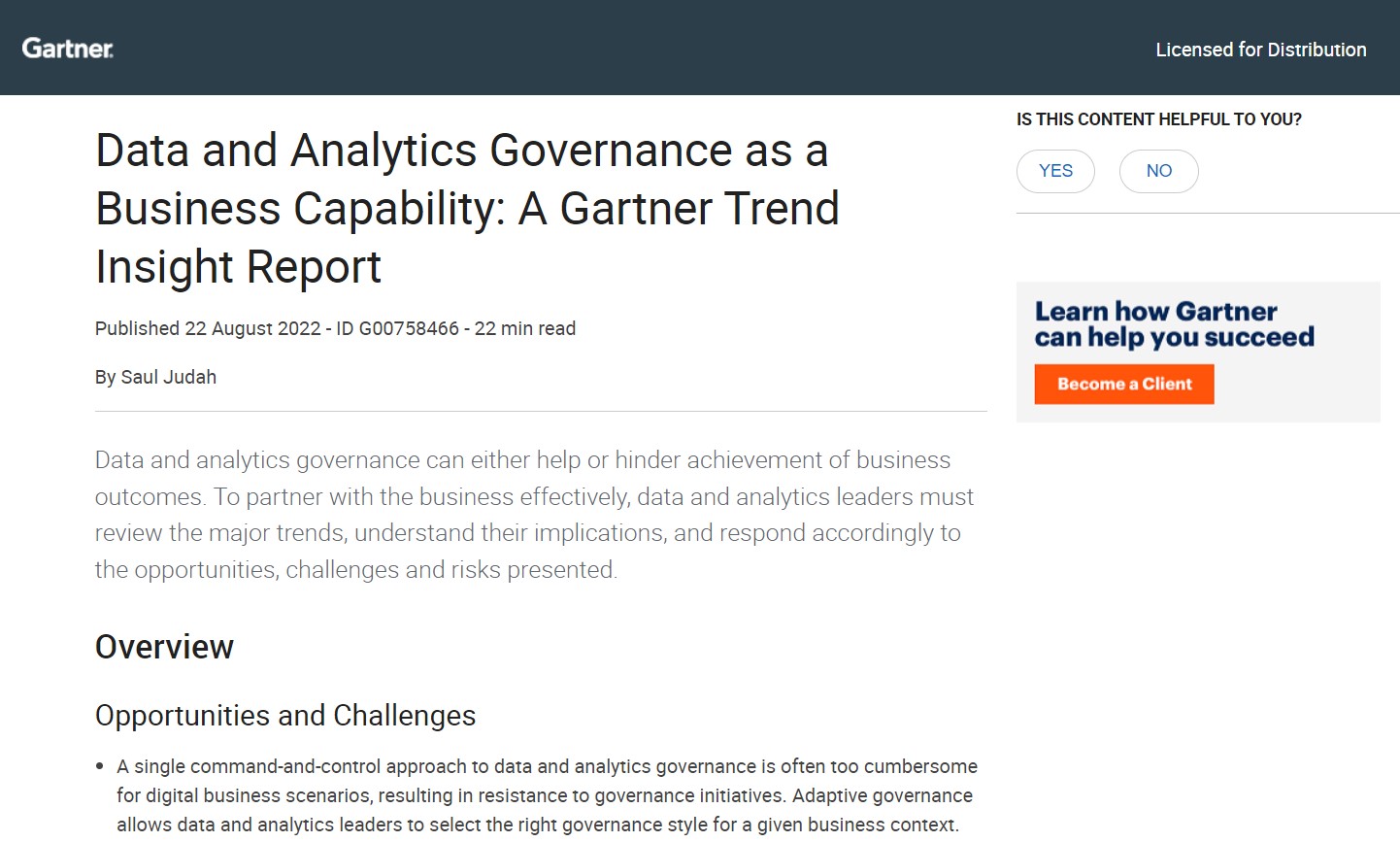 Data and Analytics Governance as a Business Capability: A Gartner Trend Insight Report