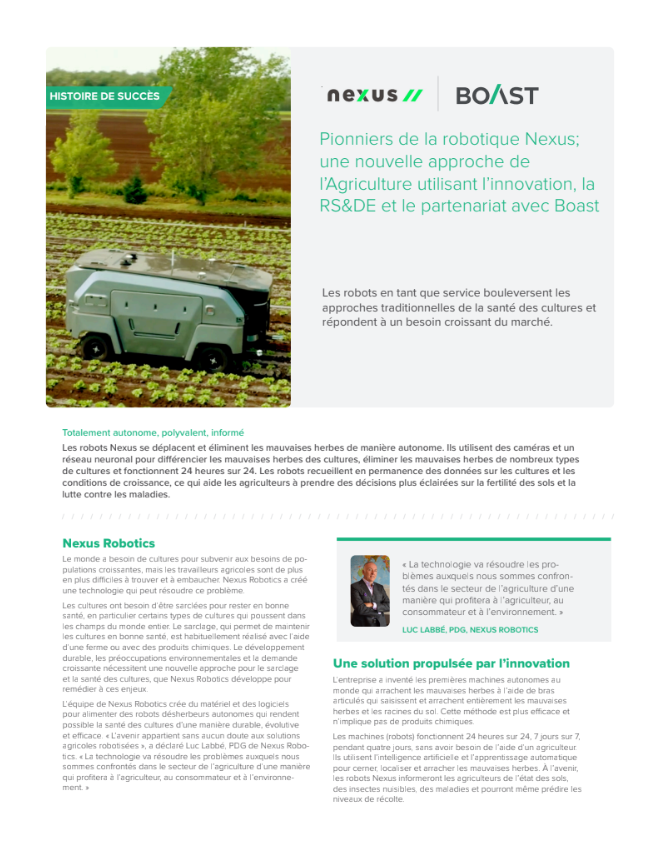 Pionniers de la robotique Nexus : une nouvelle approche de l’Agriculture utilisatant l’innovation, RS&DE et le partenariat avec Boast