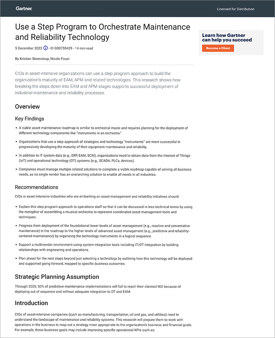 Gartner® Report: Use a Step Program to Orchestrate Maintenance and Reliability Technology