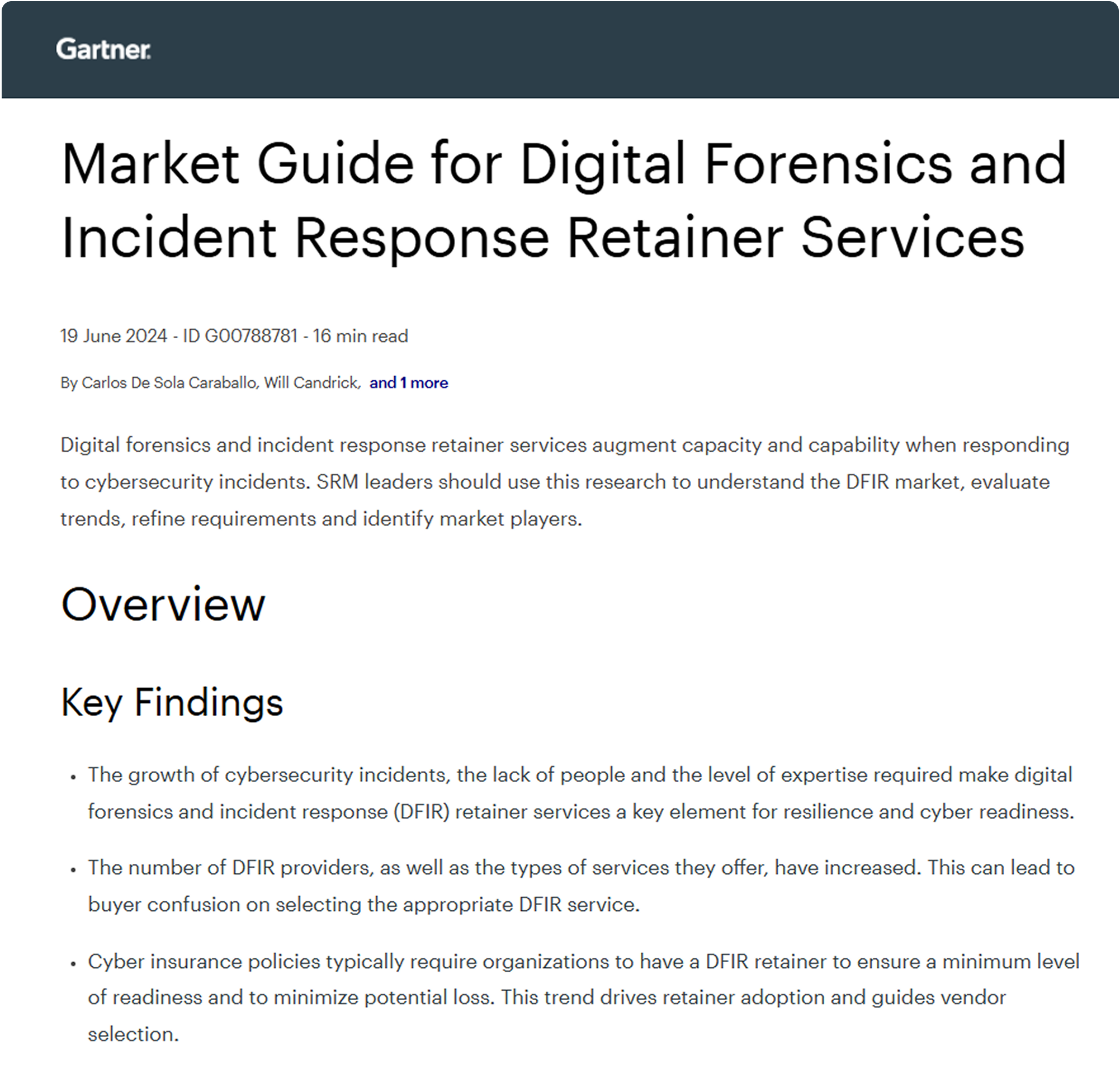 Gartner Market Guide for DFIR Retainer Services