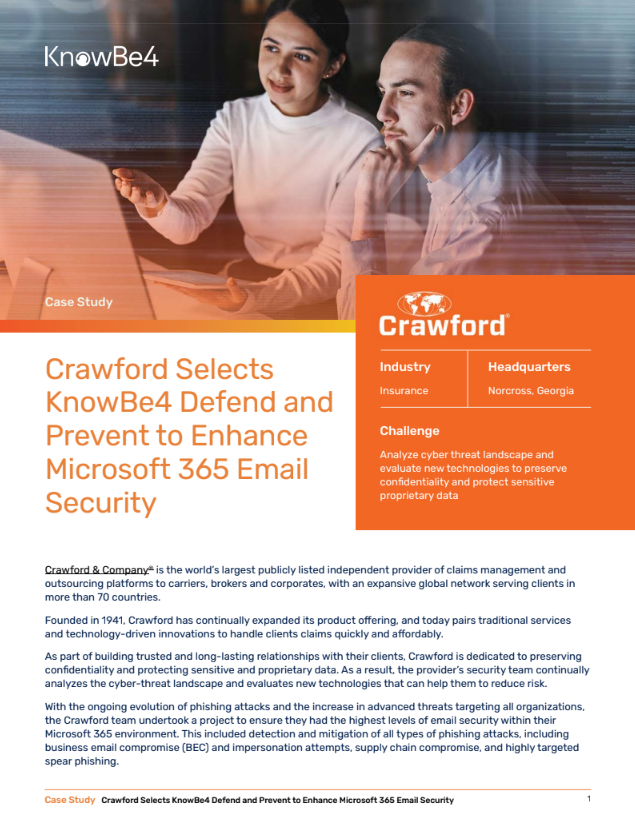 Crawford Selects KnowBe4 Defend and Prevent to Enhance Microsoft 365 Email Security